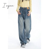 Ingvn - Women Blue Jeans Contrasting Colors High Waist American Street Wide Leg Pants Fashion Baggy Vintage Straight Autumn New Trousers