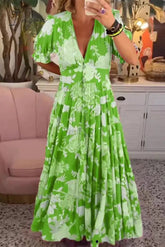 Ingvn - Sweet Elegant Floral V Neck A Line Dresses