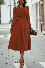 Ingvn - Smocked Long Puff Sleeve Tiered Midi Dress