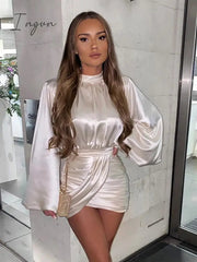 Ingvn - White Summer Dress Women Stand Collar Lantern Sleeve Stain Dresses Woman Party Night Wear Club Bodycon Dress New