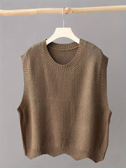 Solid Crew Neck Knitted Vest, Casual Sleeveless Loose Sweater, Women's Clothing