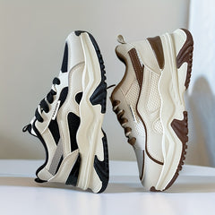 Women's Fashion Contrasting Sneakers, Casual Sports Shoes, Breathable Chunky Sole Lace-Up Design