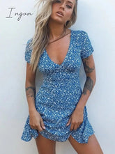 Ingvn - Fashion Foridol Blue Floral Print Summer Beach Dress Women Casual Holiday Short Sleeve Dress Boho Sundress Vestidos Fashion Clothes
