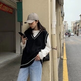 Ingvn - Casual Student Sleeveless Female Vintage Vest New Women Vest Simple All-match Patchwork Korean V-neck Knitted Sweater 17501