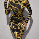 Chic Chain Print Bodycon Dress - Long Sleeve, Flattering Knee Length - Fashionable Casual Wear for Women