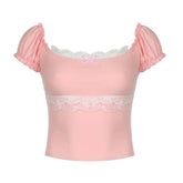 Sweet Coquette Crop Top Lace Patchwork Square Collar Skinny Pink T Shirts Women Vintage 2000s Puff Sleeve Tees Kawaii y2k