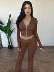 Hooded Top And Trousers Two Piece Sets Women Fashion Zipper Long Sleeve Tops And Flare Pant Female Casual Suit New