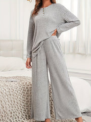 Plus Size Two-Piece Ribbed Crew Neck Outfit Set - Soft Medium Stretch Polyester Knit Fabric, Wide Leg Pants, Long Sleeve Top, Solid Color, No Printing, Casual Style - Womens Comfortable Plus Size Clothing