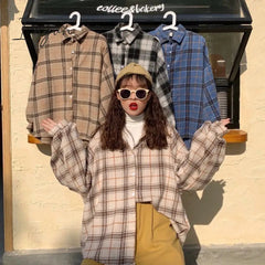Ingvn - Women Blouses Turn-down Collar Spring Shirts Plaid All-match BF Batwing-sleeve Loose Outwear Harajuku Female 4 Colors Chic New