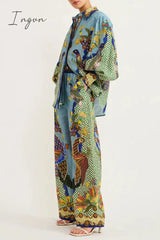 Ingvn - Casual College Animal Printing Turndown Collar Long Sleeve Two Pieces