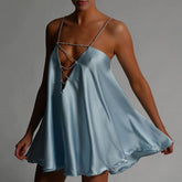 Diamante Chain Satin Low Back Swing Dress With Iridescent Crystal Straps and Neck Sexy Celebrity Party Elegant Women Dress