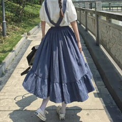 Ingvn - Spring Midi Skirt For Women Spring Summer Japanese Style Kawaii Lolita Skirt Teens Soft Girl High Waist Ruffles Suspender Skirts rok