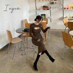 Ingvn - Knitted Women Clothing Bodycon Vintage Dresses Hollow Out Long Sleeve Slim Dress Party Streetwear Female Robe Vestidos