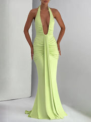 Deep V Neck Backless Ruched Sexy Maxi Dress Women Gown Summer Halter Sleeveless Draped Club Party Long Dress
