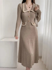 Autumn Elegant Knitted Dress for Women Fashion Single Breasted Slim A Line High Waist One Piece Female Korean Clothes Winter New