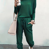 Chic Womens Two-piece Set - Comfy Long Sleeve Tee & Drawstring Jogger Pants - Versatile Solid Outfit for Casual Days