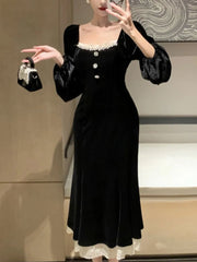 Autumn French Vintage Velvet Dress for Women Elegant Square Collar Single Breasted Party Mermaid Dresses Slim Vestidos Robe New