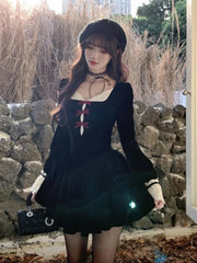 Y2K Sweet Black Velvet Womens Dresses French Vintage Lace Patchwork Princess Birthday Party Mini Dress Female Short Vestidos