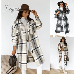 Ingvn - Women Plaid Printed Warm Jacket Autumn Winter New Fashion Casual Long Overcoat Pop Lapel Lady Single Breasted Shirt Coats