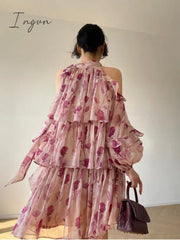 Ingvn - Floral Mini Dress Beach Style Woman Boho Long Sleeve Short Party Dress Casual Elegant Korean Fashion Dress Female
