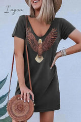 Ingvn - Loose V-Neck Eagle Print Short Sleeves Mini Dress