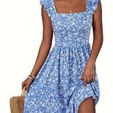 Floral Print Square Neck Patched Pockets Dress, Elegant Ruffle Sleeves Cinched Waist Dress For Spring & Summer, Women's Clothing