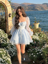 Light Blue Sweet Kawaii Mini Dress Korea Elegant Fashion Dress Womens Fairy Princess Sleeves Chic Summer One Piece Dress