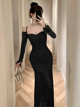 Sexy Spaghetti Straps Mermaid Dresses Elegant Long Sleeve Off Shoulder Pleated Bodycon Vestidos Vintage Party Dress Long Robe