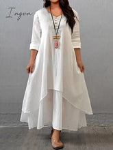 Ingvn - Women's Plus Size Casual Dress Swing Dress Solid Color Long Dress Maxi Dress Long Sleeve Button Fake two piece V Neck Basic Daily Black White Summer Spring L XL XXL 3XL 4XL
