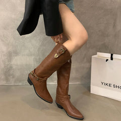 Ingvn Vintage Pointed Toe Women Western Cowgirl Boots Fashion Elegant Belt Buckle Shoes Square Heels Ladies Knight Long Shoes