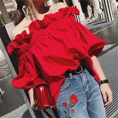 Ingvn - Ruffles Fashion Woman Blouse Off the shoulder Youth Elegnat Blouses Luxury Tops Designer Puff sleeve Korean New