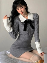 Y2K Autumn Knitted Bodycon Short Dresses Women Long Sleeves Bow Turn-down Collar Slim Dress Korean Chic Vestidos Mujer New