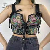 Ingvn - Sexy Designer Vintage Print Halter Tops Women Chic Bandage Floral Corset Shirts Female High Street Party Club Ladies Top