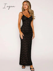 Ingvn - Sexy Lace Spaghetti Strap Maxi Dress Women Off-shoulder Sleeveless Gown Elegant Bodycon Party Long Dress Vestidos