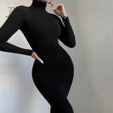 Ingvn - Turtleneck Long Dress Autumn Winter Muslim Elegant Office Lady Skinny Long Sleeve Bodycon Casual Dress Women Midi Clubwear GV464