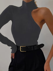 Chic Asymmetric One Shoulder Ribbed Knit Bodysuit - Long Sleeve, Sexy Style for Fall Winter - Form-Fitting, Versatile One Piece Womens Clothing