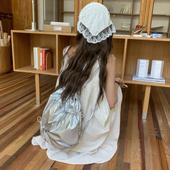 Ingvn Elegant Silver Womens Backpack Pleated String Korean Style Fashion Small Backpack Designer Exquisite Daily New Female Bag