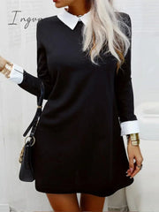 Ingvn - Dresses for Women Color Block Long Sleeve MIni Dress Autumn Office Ladies Elegant Turn Down Collar Casual Short Shirt Dress