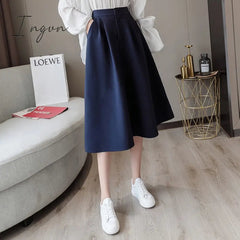 Ingvn - New Spring Summer High Waist Midi Skirt Women Casual Pocket Solid Color Loose A-Line Umbrella Skirt Female Petticoat