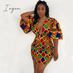 Ingvn - African Dresses for Women New Fashion Summer V-neck African Short Sleeve Printing Dress African Women Clothes