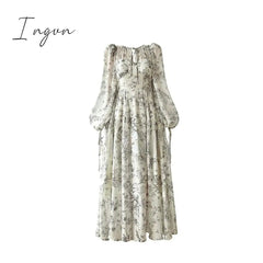 Ingvn - French Elegant Floral Midi Dress Woman Evening Party 2023 Summer Beach Fairy Long Sleeve Sundress One Piece Dress Korean Fashion