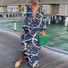 Ingvn - Autumn New Women's Loose Long Sleeves Dress Casual Printed Long Sleeves Streetwear Ladies Fashion V Neck Elegant Commute Dresses