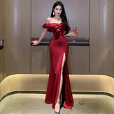 Vintage Red Sexy Backless Long Dresses Women Summer Elegant High Split Ruffles Luxury Evening Party Off Shoulder Female Clothing