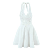 Sexy Deep V Halter White Mini Dress Women Fashion Backless A-line Elegant Party Dresses Summer Robe Lace Up Vestidos