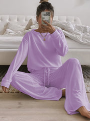Cozy Women's Solid Lounge Set - Soft Long Sleeve Round Neck Top & Elastic Drawstring Pants for Ultimate Comfort - Perfect Relaxed Fit for Fall and Winter Seasons
