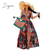 Ingvn - Stigende Women Bohemian Palm Leaf Maxi Dress Sexy High Split Summer Beach Halter Dress Casual Sleeveless Bandage Long Dress