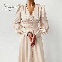 Ingvn - Elegant spring satin bishop sleeve a-line dress women V-neck high waist button dress solid Vintage long dresses chic