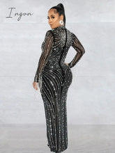 Ingvn - Women's Sexy See Through Rhinestone Bead Mesh Dress Luxury High Neck Long Sleeve Tassels Maxi Party Night Dresses 2 Piece Set