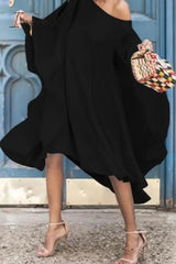 Ingvn - Casual Solid Hollowed Out Basic Asymmetrical Oblique Collar Dresses