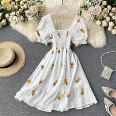 Ingvn - Strawberry Dress Cherry Kawaii Embroidery Puff Sleeve Dress Women Vintage White Square Neck Beach Dresses Korean Clothes